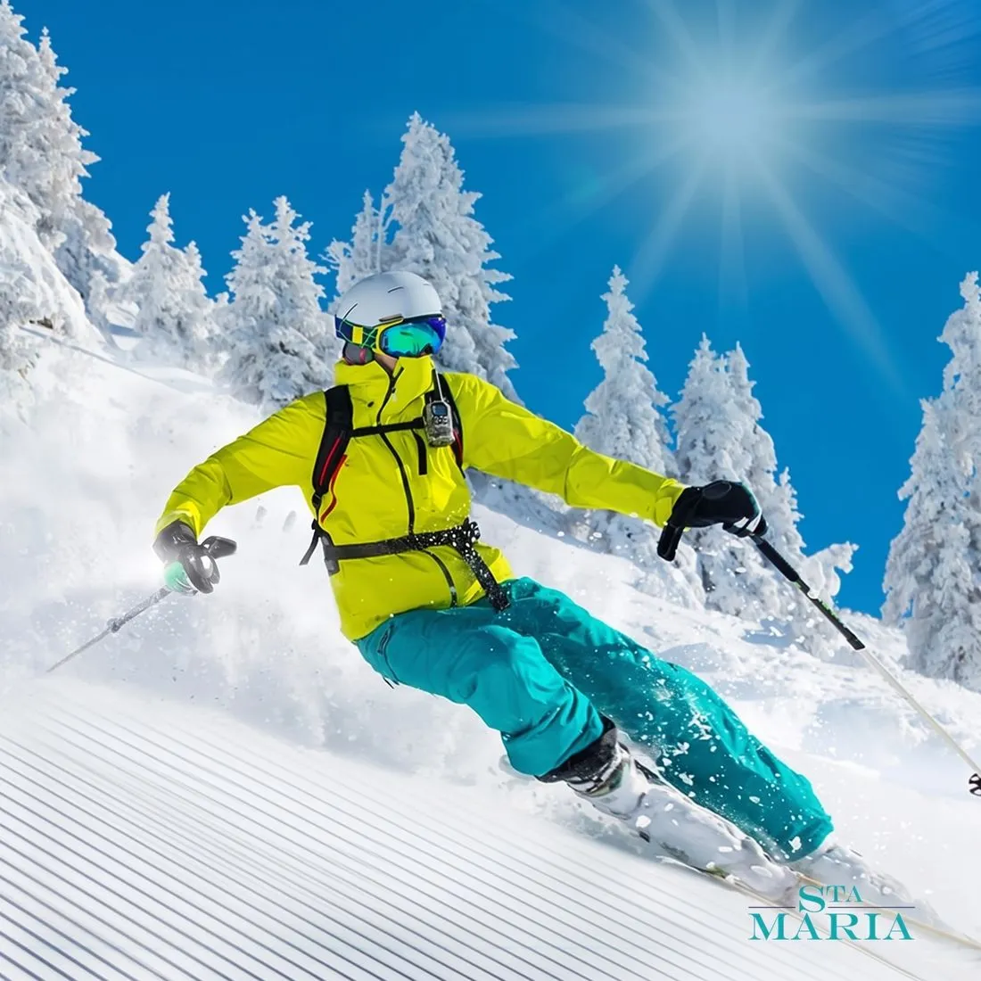 Esquiador com roupa de ski, equipamentos higienizados pela Sta Maria
