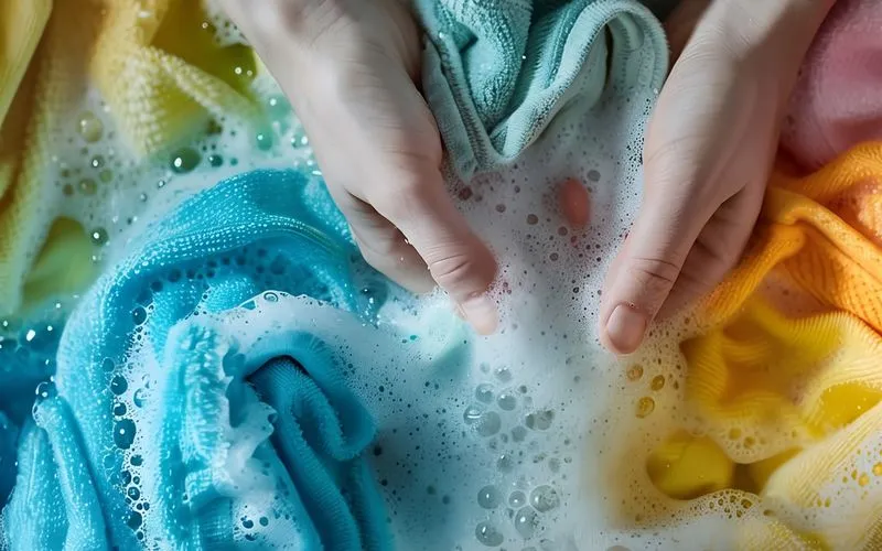 Mãos lavando toalhas coloridas com espuma